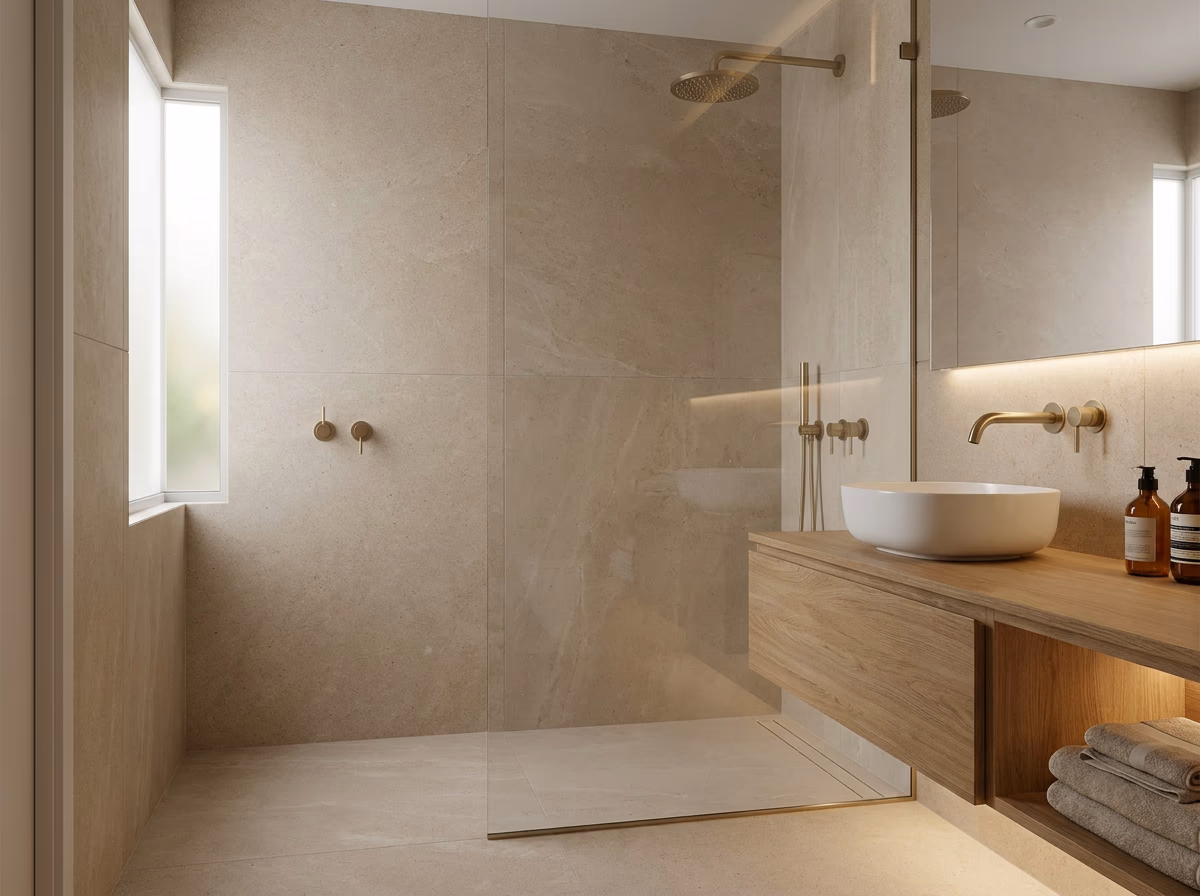 Barrierefreies Bad mit bodengleicher Dusche, warmem Kalkstein und Messingarmaturen