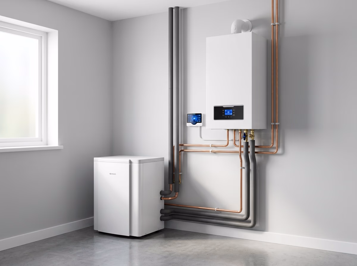 Moderne Brennwertanlage mit Wärmepumpe und sauber verlegten Kupferleitungen in einem hellen Heizungsraum